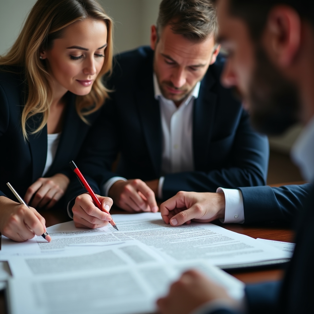 Small group of business professionals around a table with printed contracts and notebooks