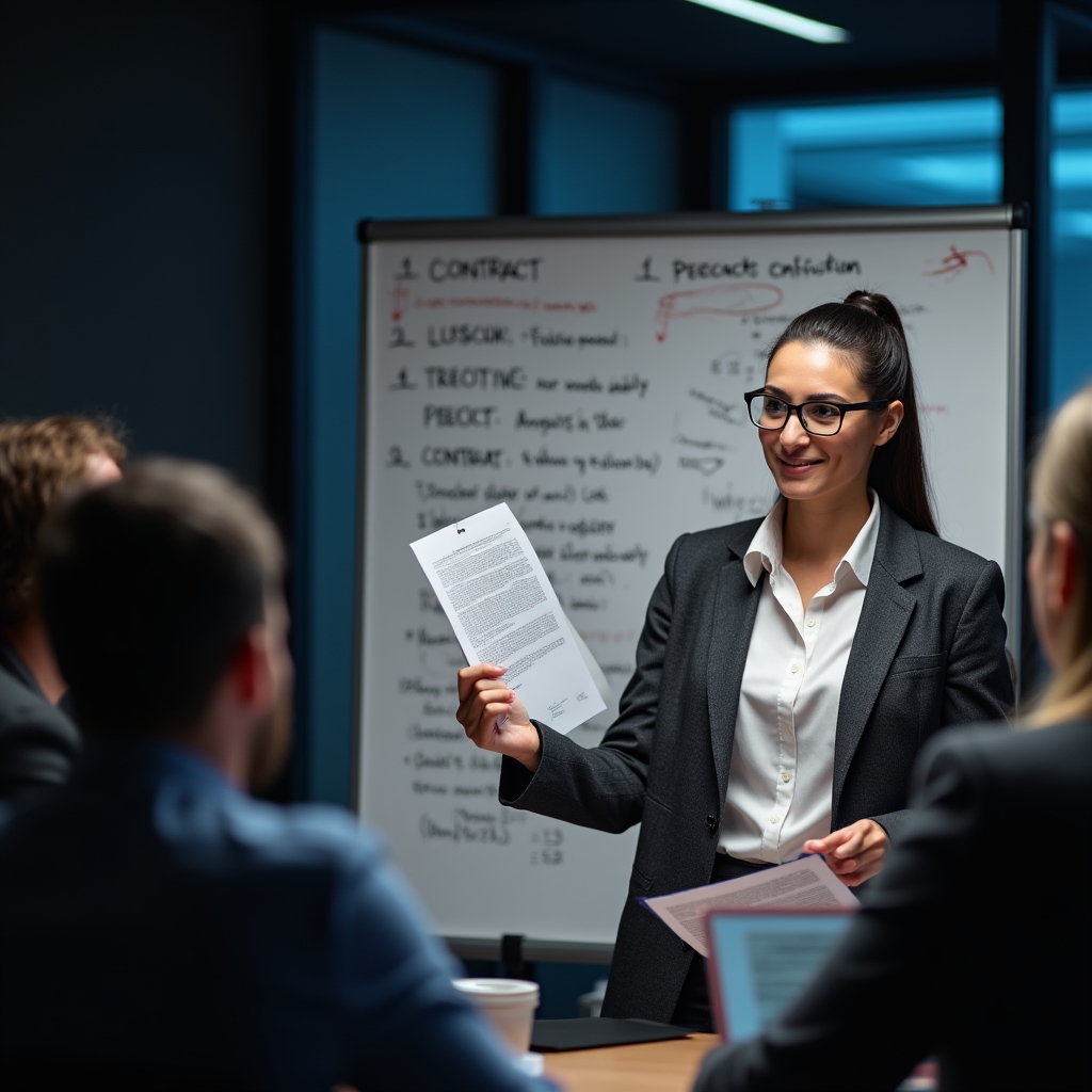Facilitador guiando a participantes en el análisis de contratos en un entorno profesional