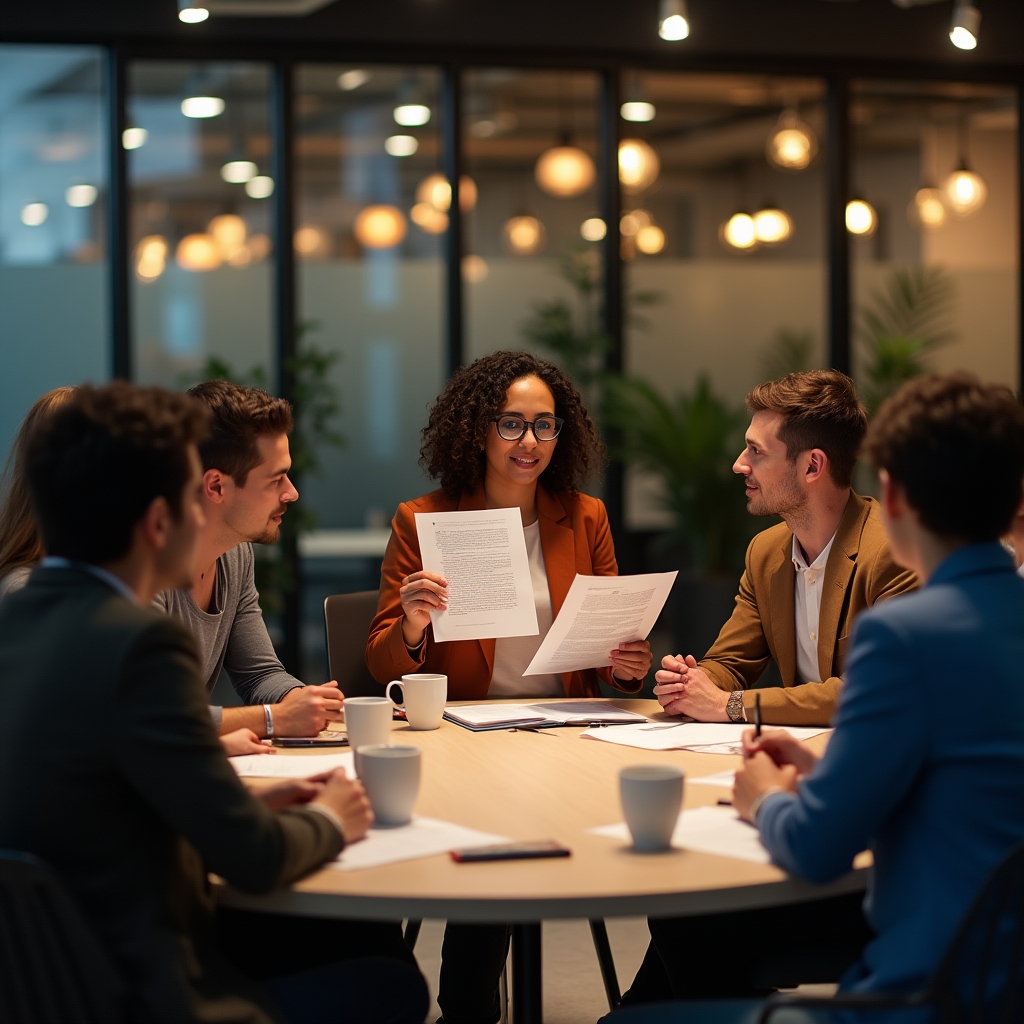 Open group workshop with mixed entrepreneurs sitting around a table reviewing documents