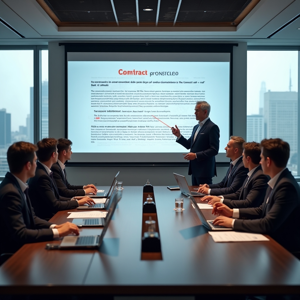 Corporate team in a training session reviewing contract documents on a conference table