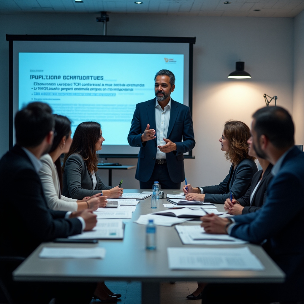 Group of entrepreneurs in a contract reading workshop, collaborative learning environment